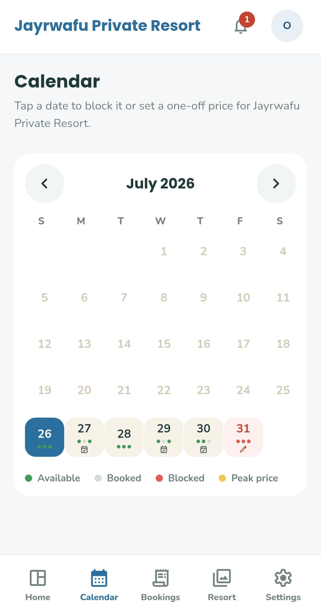 Owner calendar for blocking dates and setting one-off prices