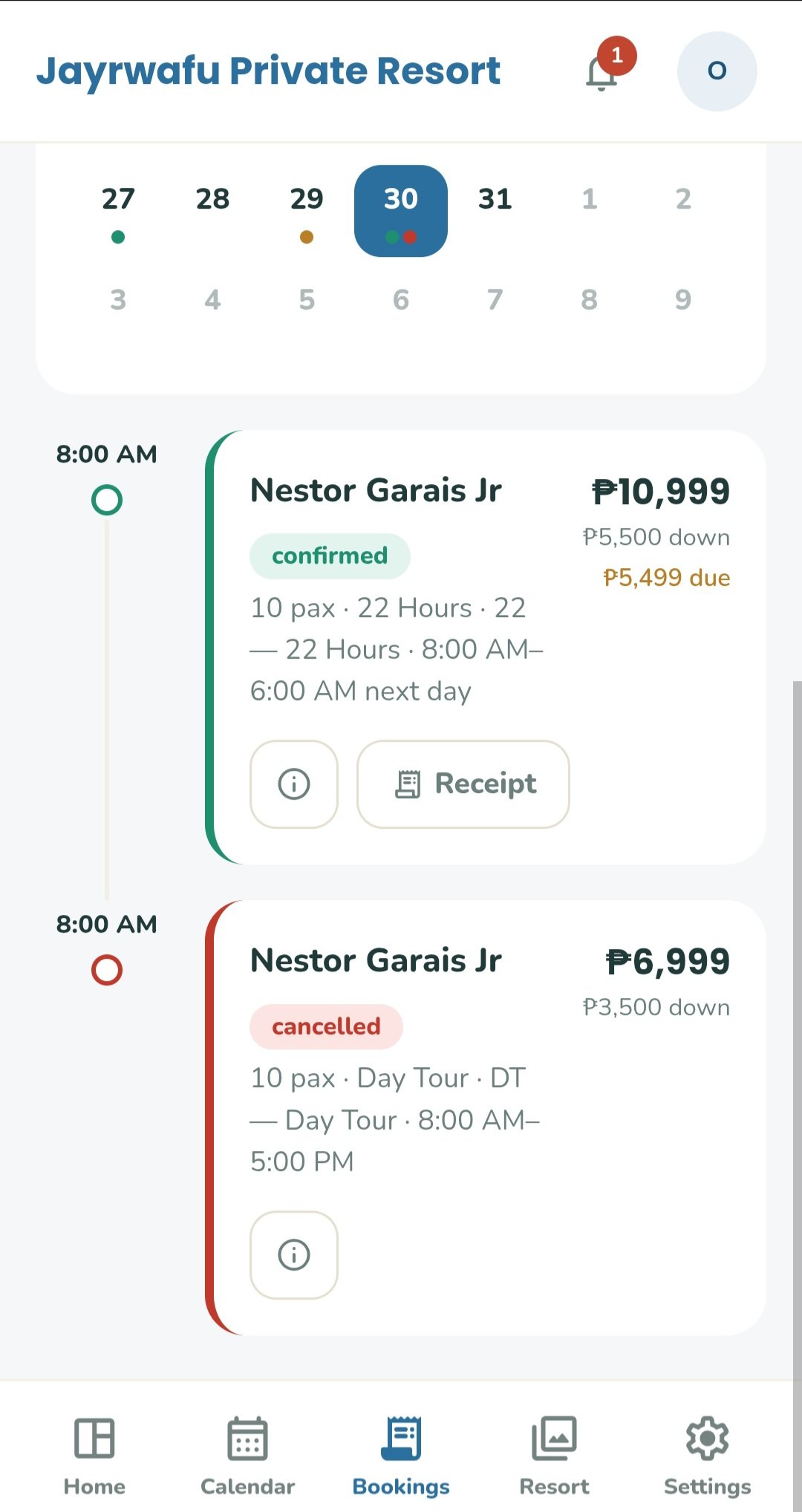 Owner bookings list showing guest details and payment status